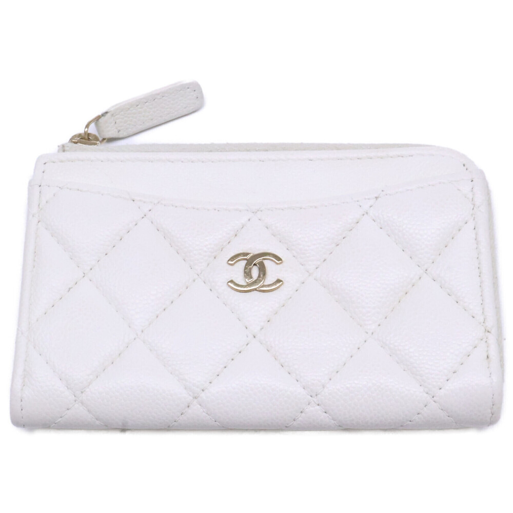 CHANEL AP3179 Caviar Skin Matelassé L-shaped Zipper Card Wallet/Coin Case, Wh...